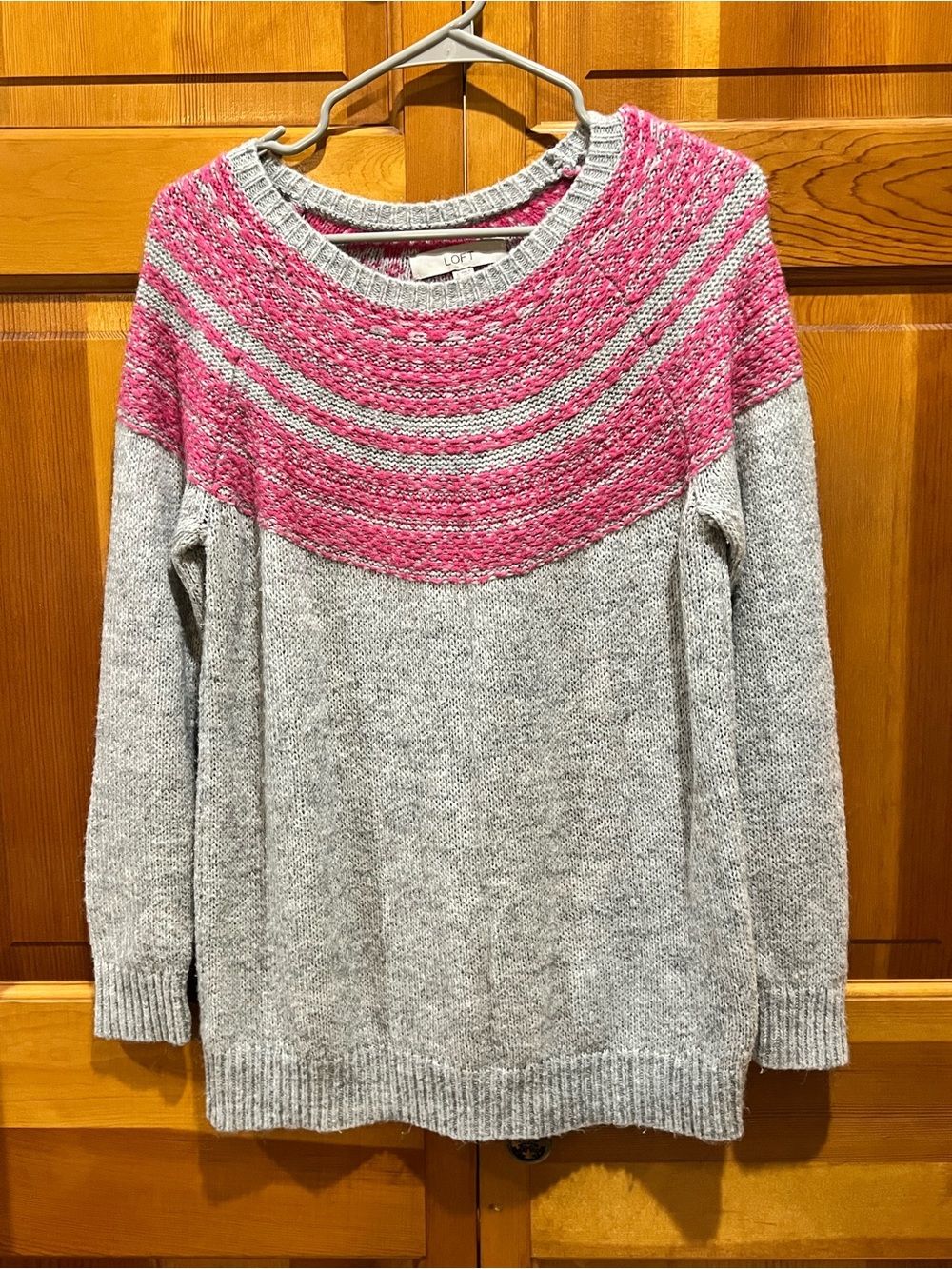 LOFT Gray Sweater with Pink Striped Yoke